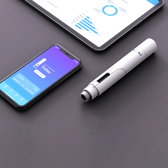 Smart medical device with accompanying smartphone app and data analytics dashboard. The app displays "Today" indicating daily usage tracking. Medical technology design and development.