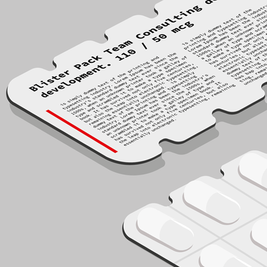 Blister pack design for 110/50 mcg medication, showcasing Team Consulting's medical device development expertise. The packaging features informational text.